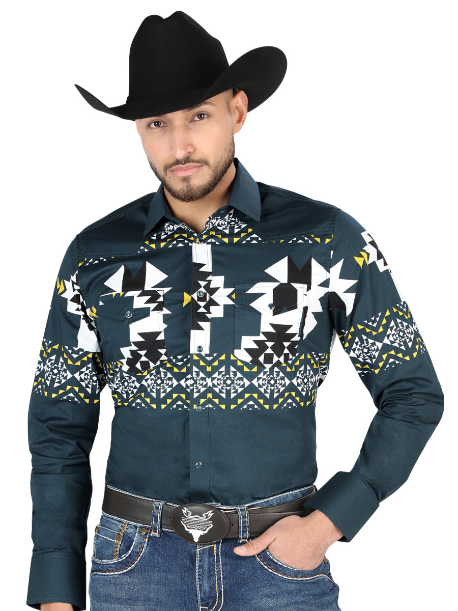 Men’s Long Sleeve Snap Button Western Shirt - Teal 44486