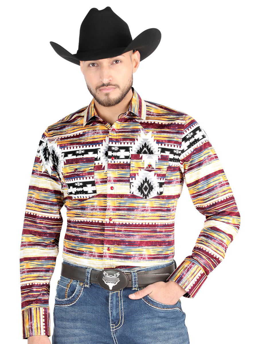 Men’s Long Sleeve Snap Button Western Shirt - Brown 44487