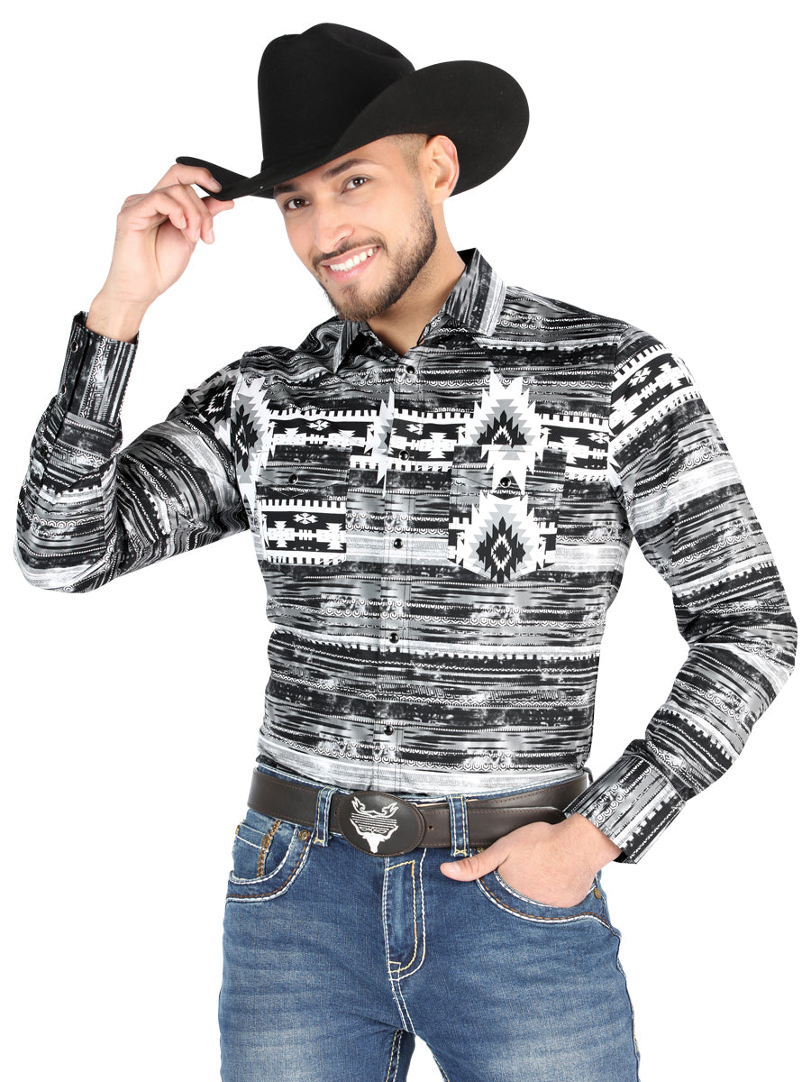 Men’s Long Sleeve Snap Button Western Shirt - Gray 44488