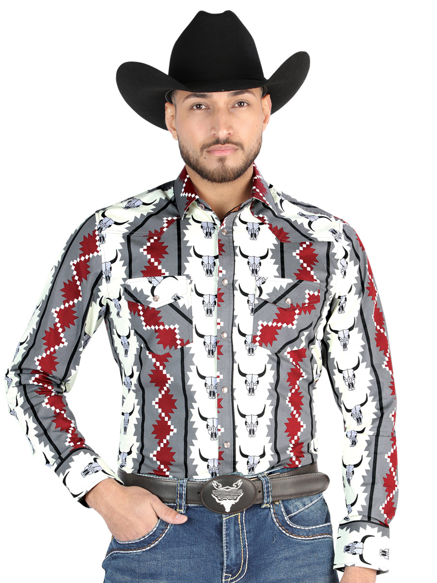 Men’s Long Sleeve Snap Button Western Shirt - White/Grey 44489