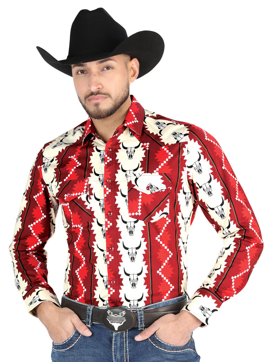 Men’s Long Sleeve Snap Button Western Shirt - Burgundy/Beige 44490