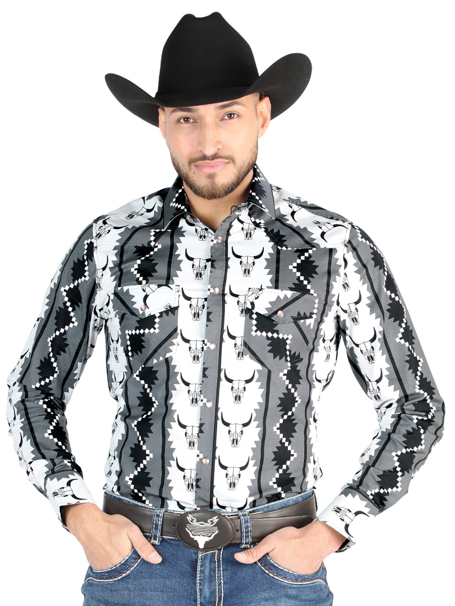 Men’s Long Sleeve Snap Button Western Shirt - Black/White 44491