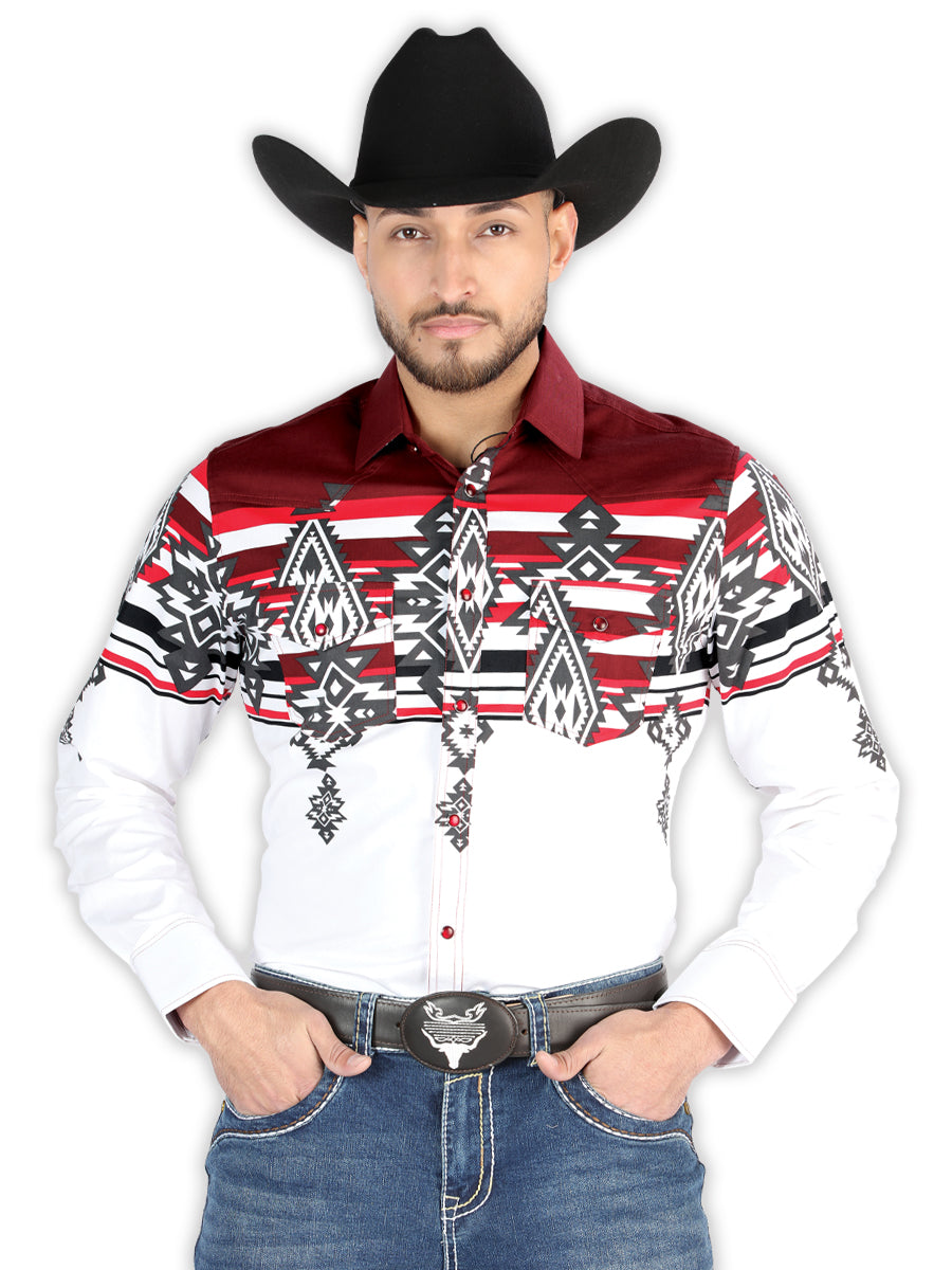 Men’s Long Sleeve Snap Button Western Shirt - White/Burgundy 44497