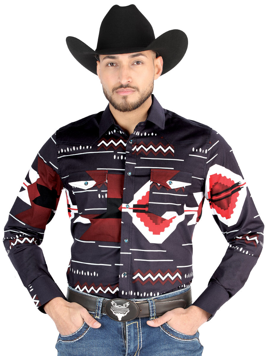 Men’s Long Sleeve Snap Button Western Shirt - Burgundy 44498
