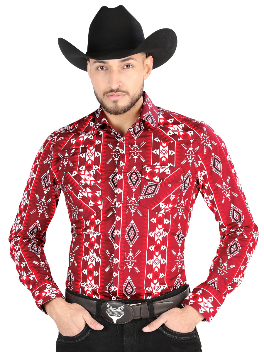 Men’s Long Sleeve Snap Button Western Shirt - Red 44504