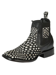 El General Men’s Rodeo Ankle Boots  Woven Hair-On Leather - Black/White 45175