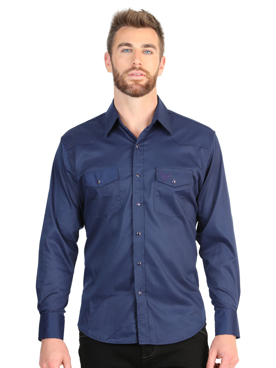 El General Men’s Long Sleeve Snap Button Western Shirt  - Navy Blue 45616