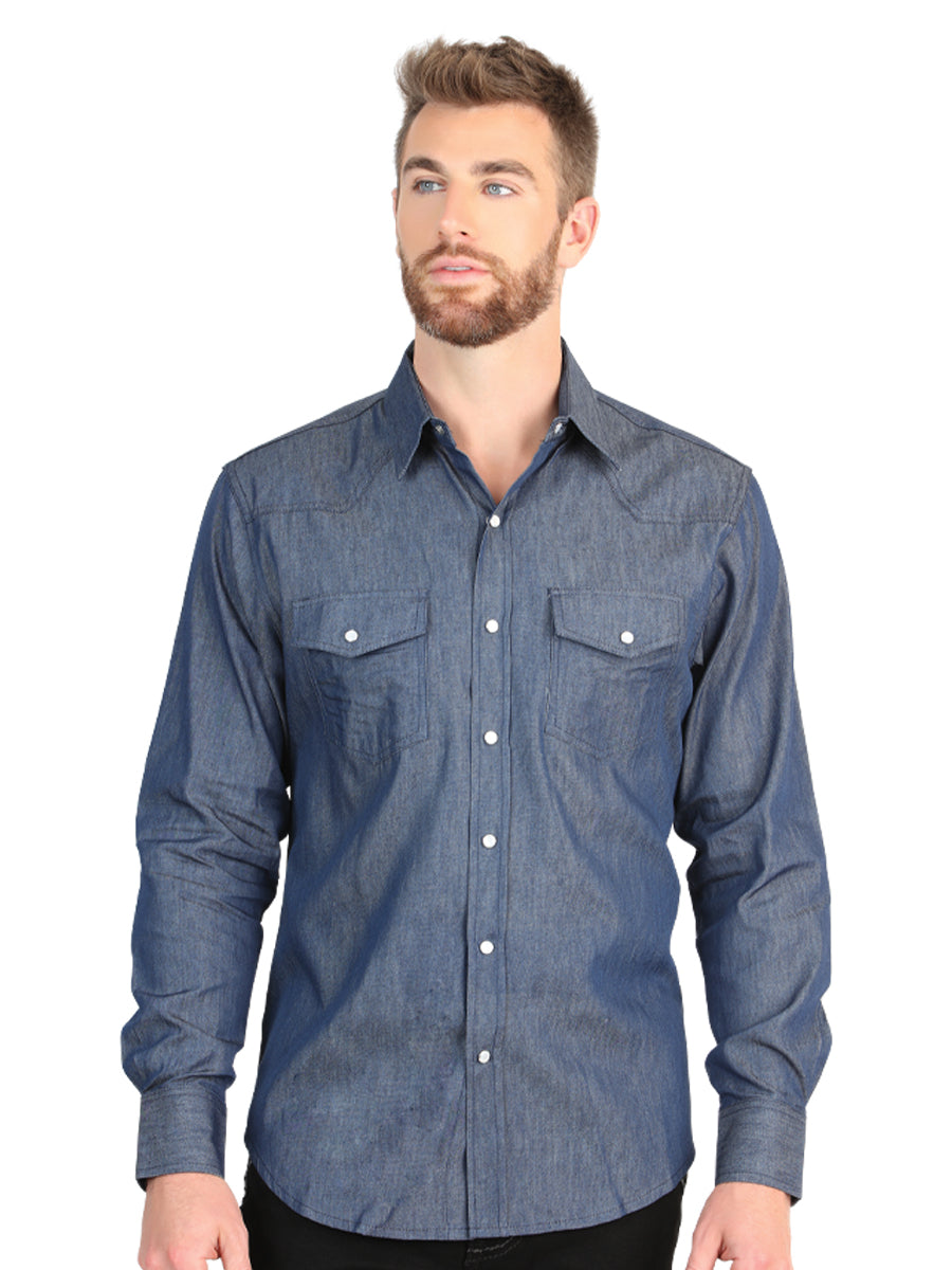 El General Men’s Long Sleeve Snap Button Western Shirt - Denim Blue 45619