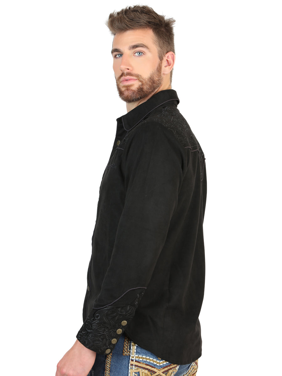 El General Men’s Long Sleeve Western Shirt - Black/Black Embroidery 45653