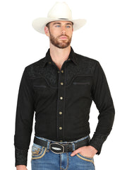 El General Men’s Long Sleeve Western Shirt - Black/Black Embroidery 45653
