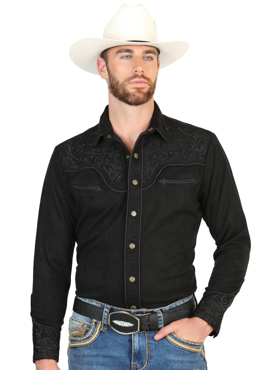 El General Men’s Suede Embroidered Snap Button Western Shirt - Black 45653