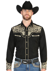 El General Men’s Suede Embroidered Snap Button Western Shirt - Black/Gold 45654
