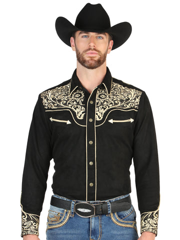 El General Men’s Long Sleeve Western Shirt - Black/Gold Embroidery 45654