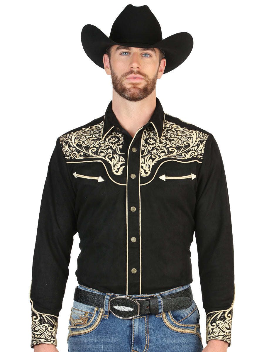 El General Men’s Suede Embroidered Snap Button Western Shirt - Black/Gold 45654
