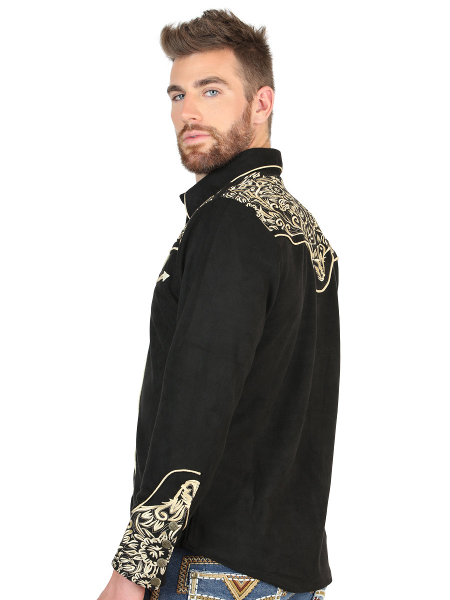 El General Men’s Slim Fit Long Sleeve Western Shirt - Black/Gold Embroidery 45654