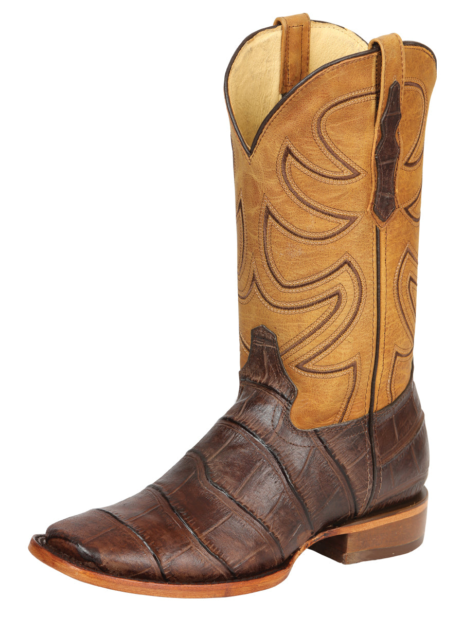 El General Men’s Leather Cowboy Boots - Made in Mexico - Embossed Alligator Crocodile Print - Brown 45765