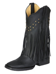 El General Women’s Fringe Leather Cowgirl Boots - Black 45798