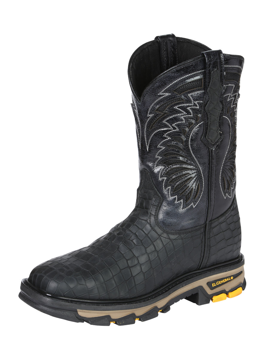 El General Men's Leather Work Boots - Made In Mexico - Embossed Caiman Print - Black 45810