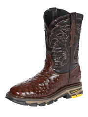 El General Men's Leather Work Boots - Made In Mexico - Embossed Ostrich Print - Brown 45814
