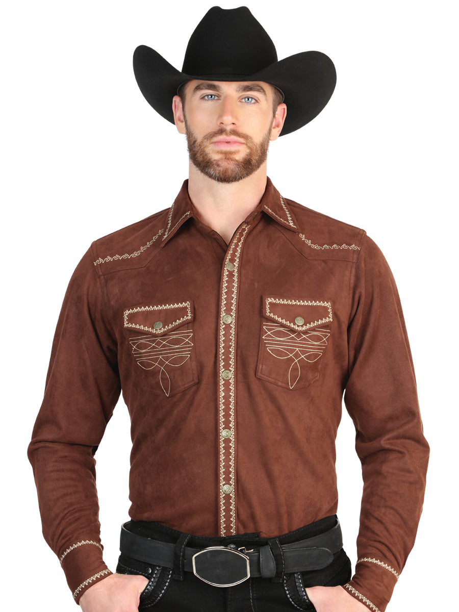 El General Men’s Suede Embroidered Snap Button Western Shirt - Brown 45884