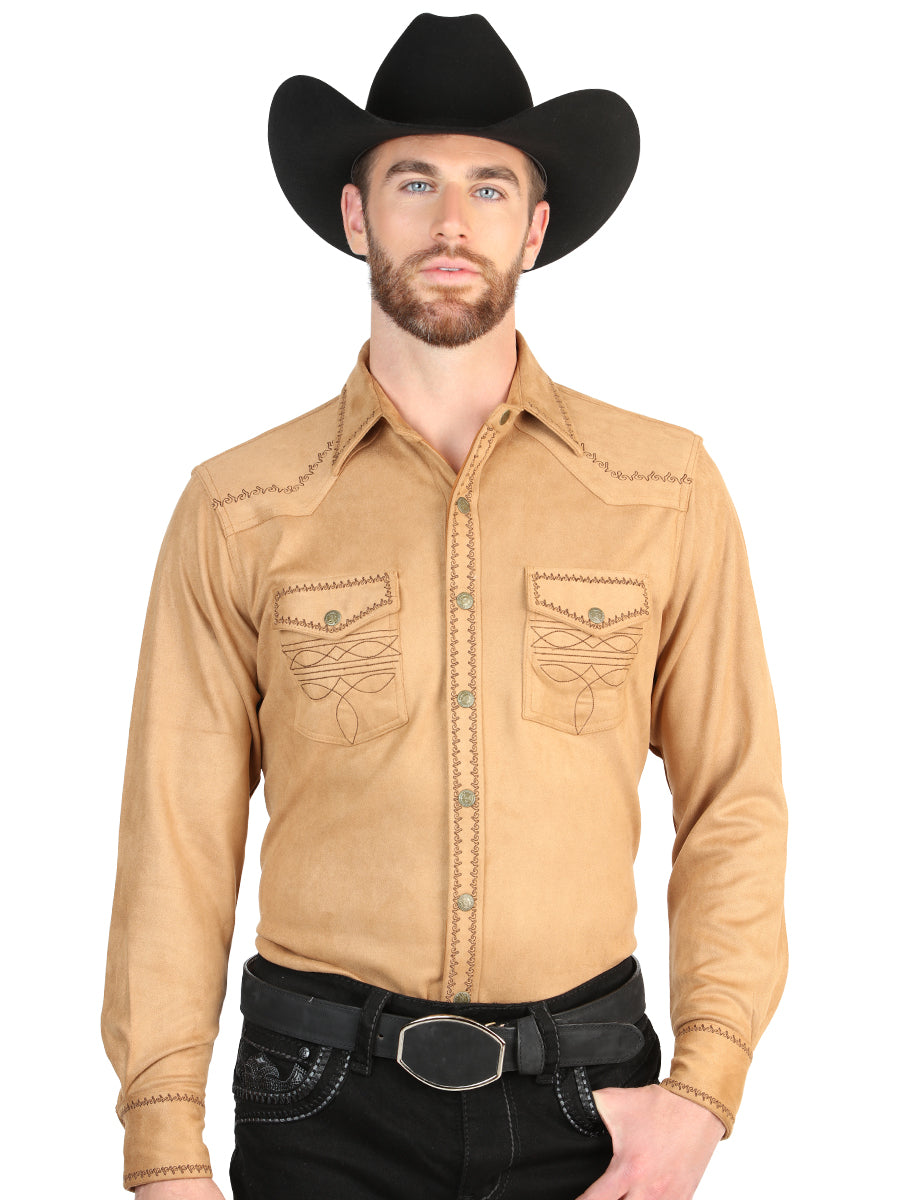 El General Men’s Suede Embroidered Snap Button Western Shirt - Khaki 45885