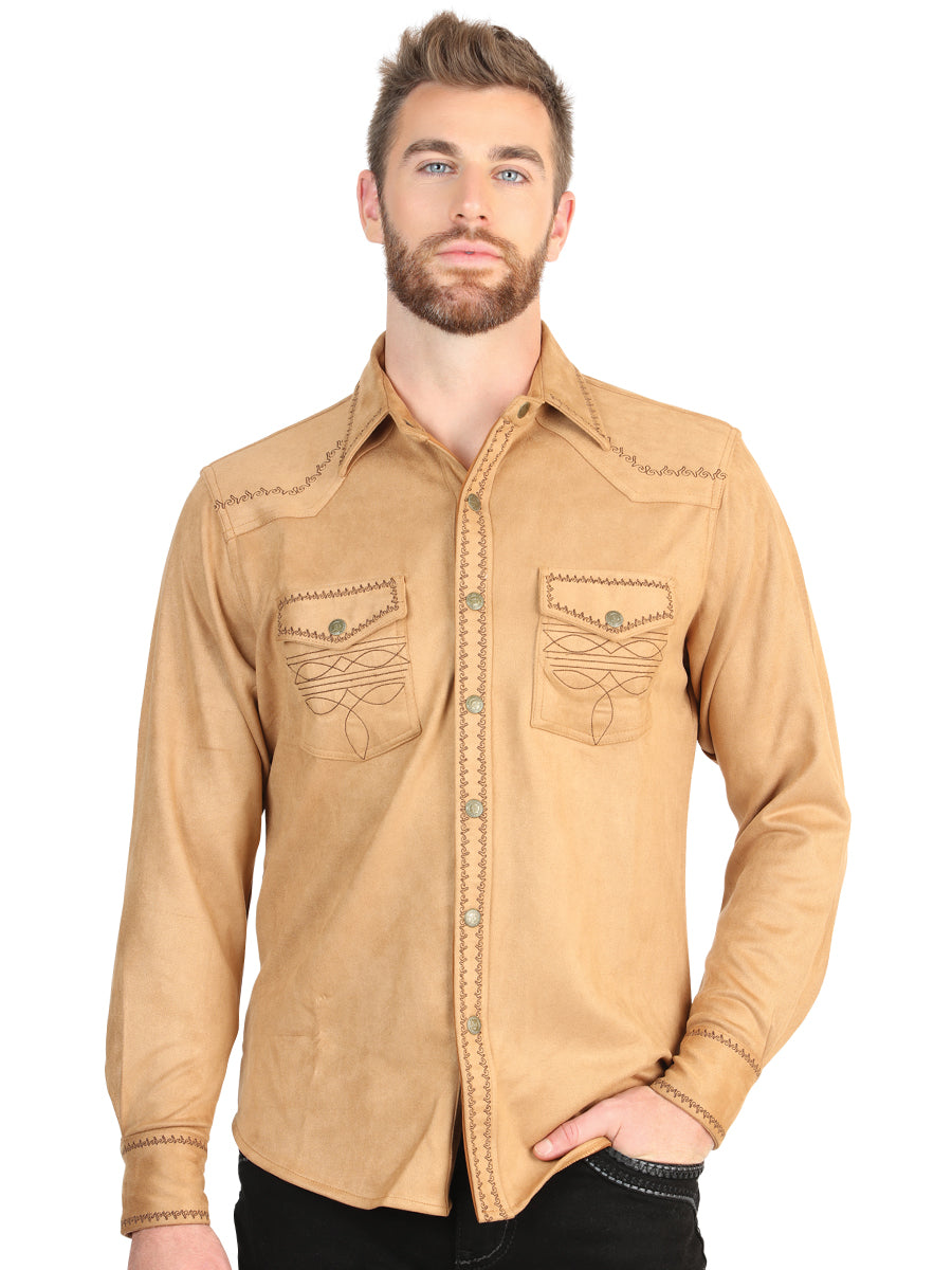 El General Men’s Slim Fit Long Sleeve Western Suede Shirt - Khaki 45885