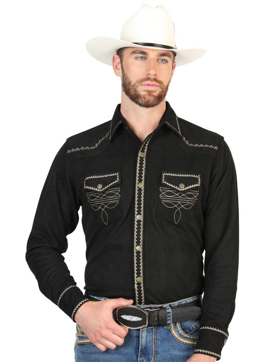 El General Men’s Long Sleeve Western Shirt Suede - Black 45886