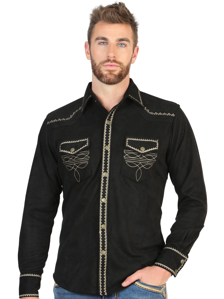 El General Men’s Long Sleeve Western Shirt Suede - Black 45886