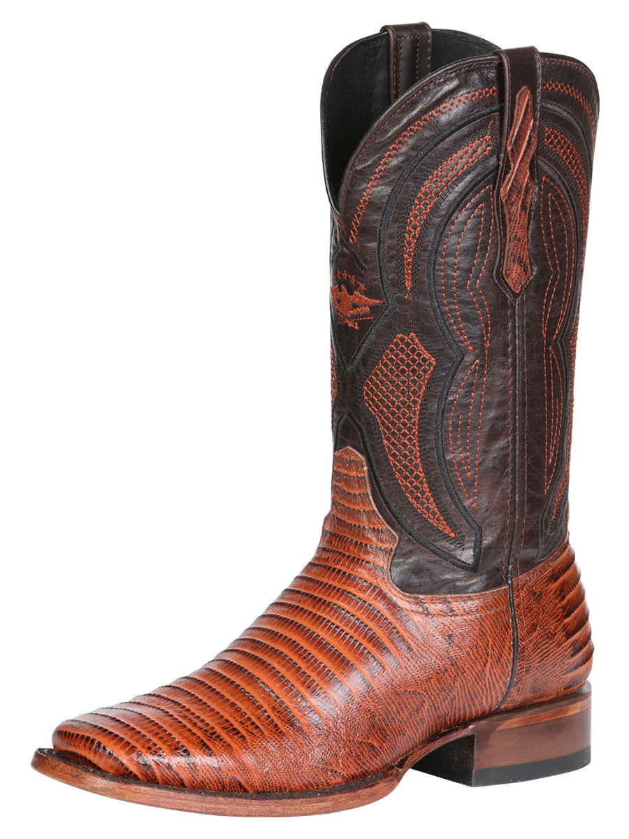 El General Men’s Leather Cowboy Boot - Embossed Lizard Print- Cognac 45930