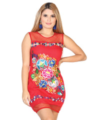 Artisanal Embroidered Dress 100% Cotton Red 602444