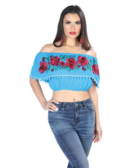 Artisanal Embroidered Blouse 100% Cotton Turquoise 603938