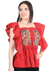 Artisanal Embroidered Blouse 100% Cotton Red 603967